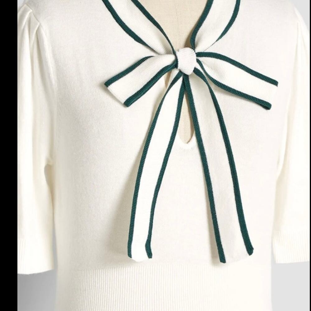 ModCloth Bow Thyself Tie Neck Knit Top LARGE White Black Short Sleeve Retro Chic
